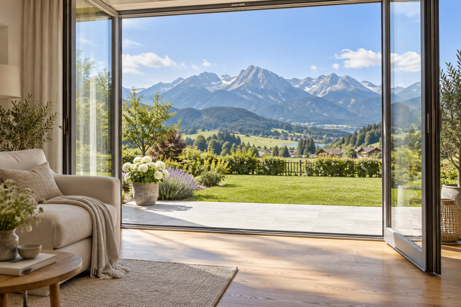 Wohnraum mit Aussicht über Garten und Wiesen zu Bergen