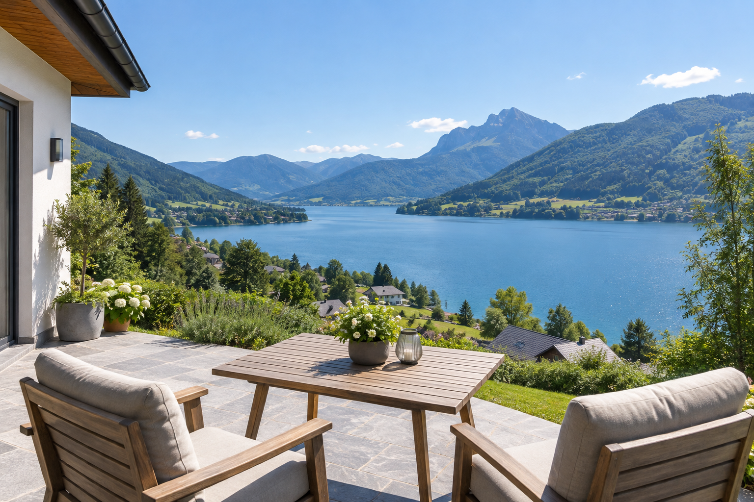Terrasse mit Blick auf einen See und grüne Hänge