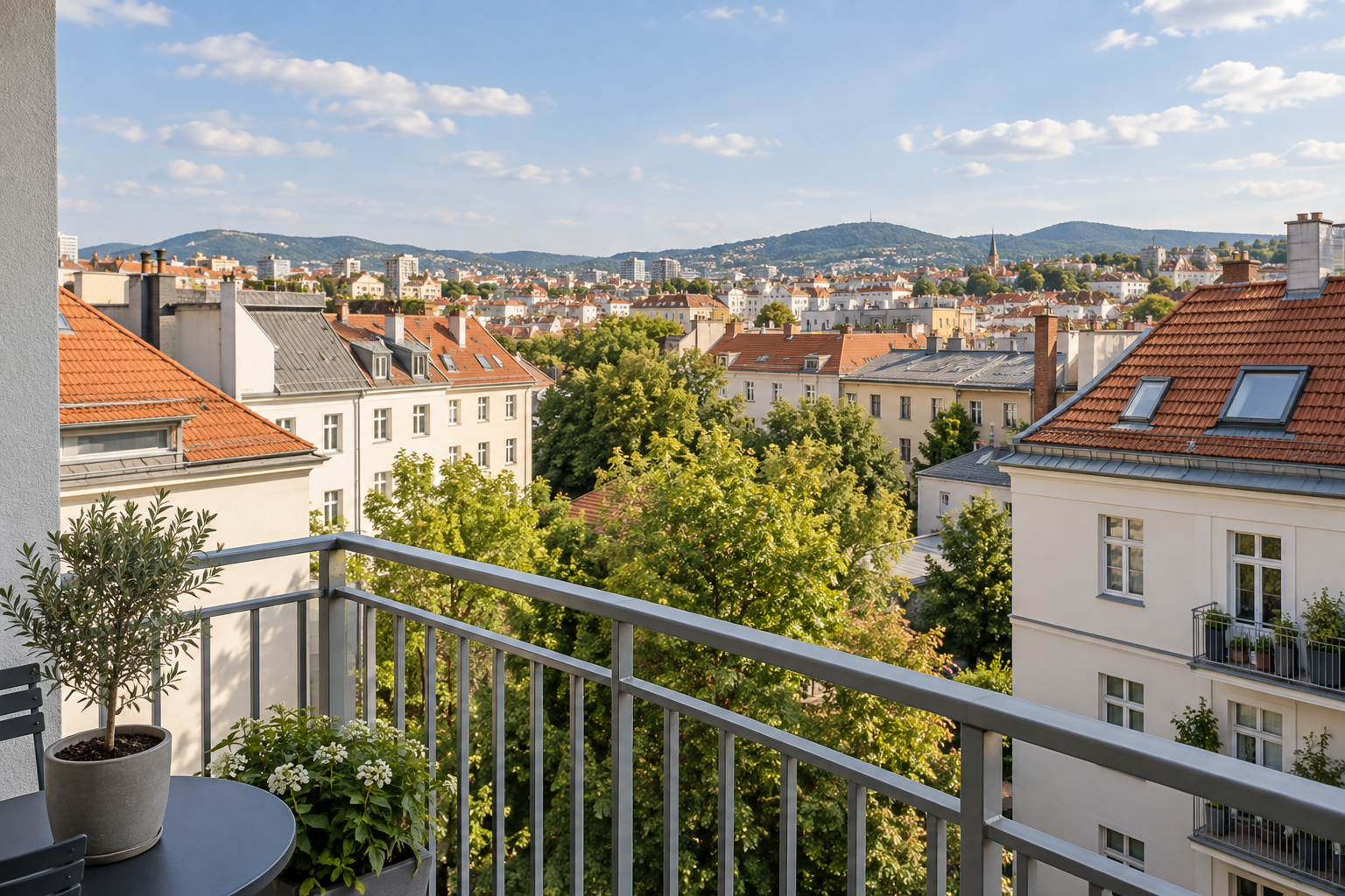 Balkon mit Aussicht über Dächer und Bäume